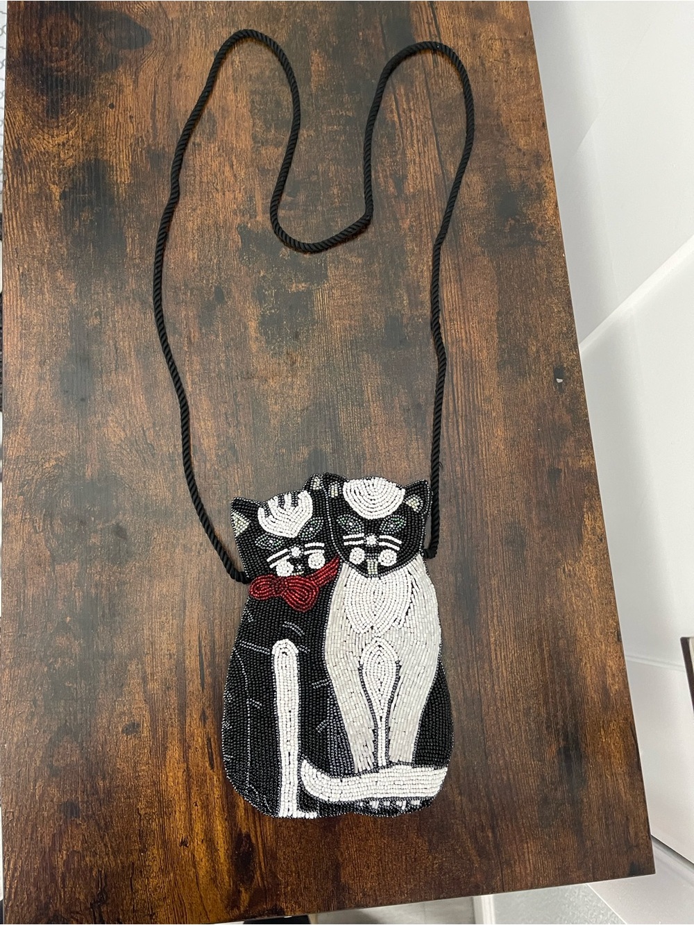 Handcrafted Black & White Cat Beaded Crossbody Bag